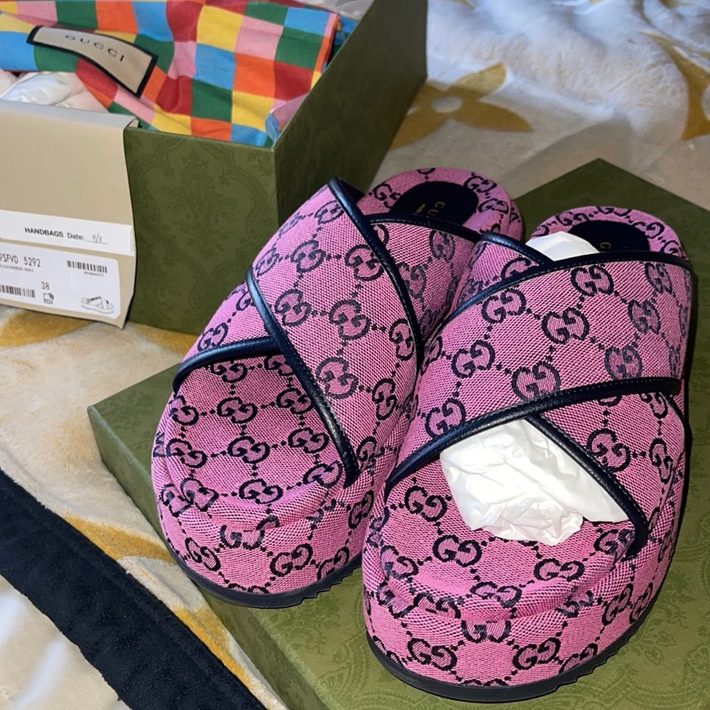 Monogram Multicolor Criss Cross Platform Slide Sandals 38 Pink Blue